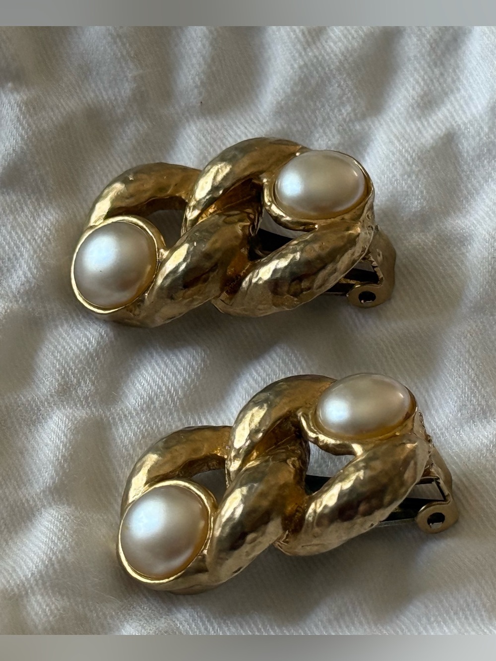 Gold-Tone Pearl Accent Chain Link Clip-On Earrings - Gold and Pearl